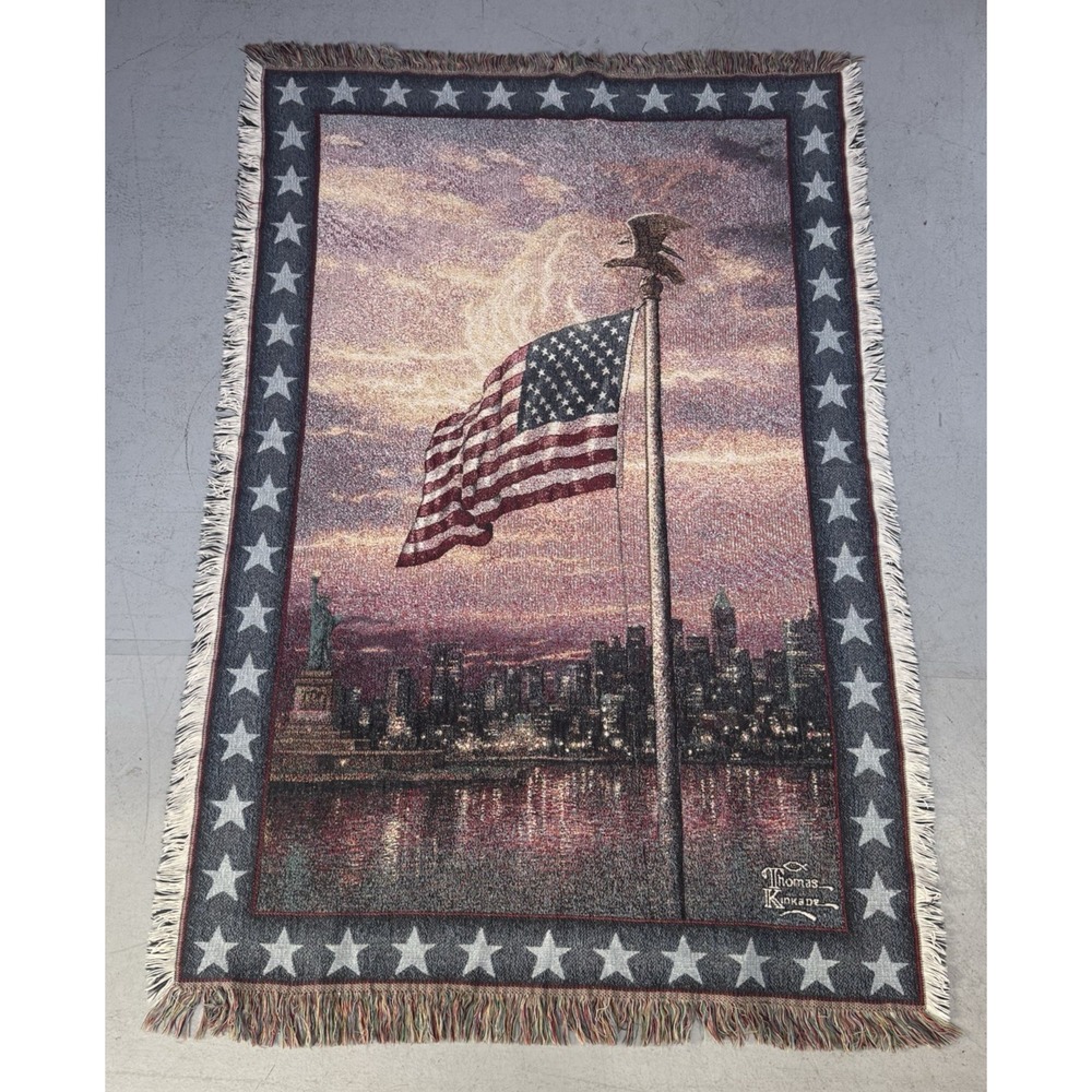 Thomas Kinkade Tapestry Throw Blanket New York USA Flag Statue of Liberty 64x42"